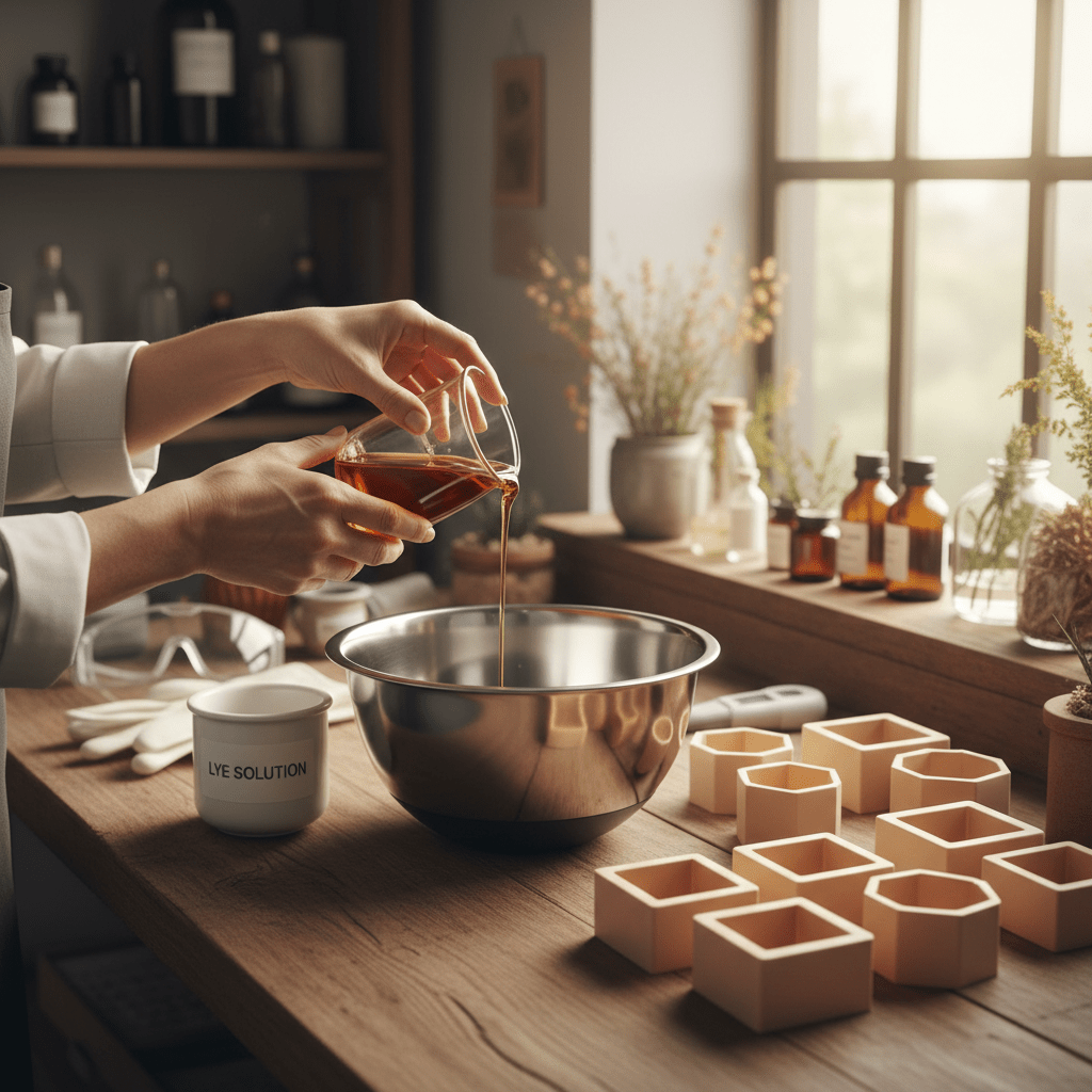 A soap maker pouring oils into a stainless bowl next to lye and molds, tidy workshop, warm natural light, skincare science feel