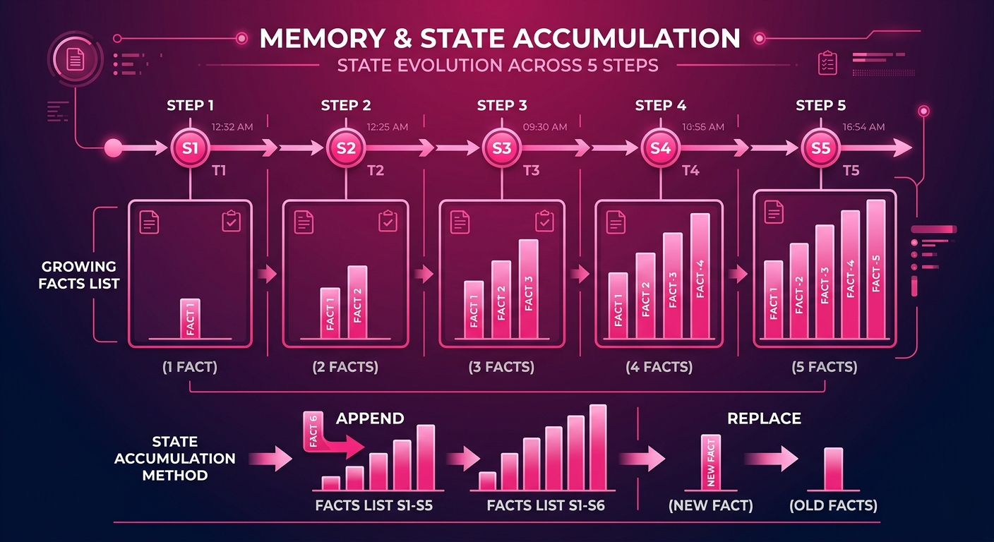 LangGraph state accumulation pattern diagram showing how facts and search results build up across workflow nodes
