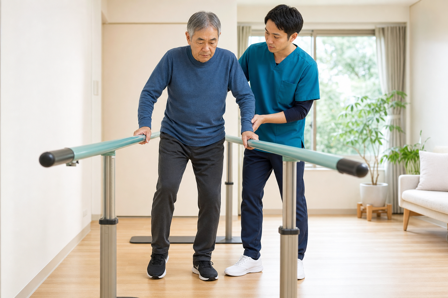 支持物と見守りのある環境でバランス練習を行う様子
