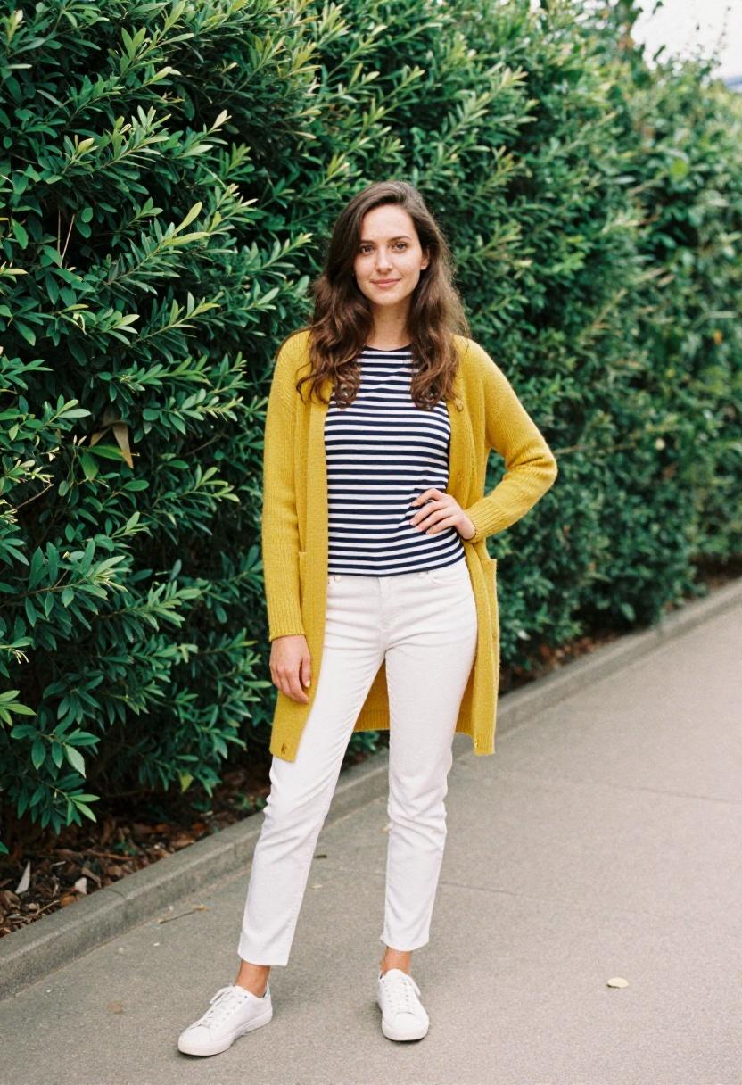 Mustard yellow longline cardigan over breton stripe top and white trousers for polished casual spring