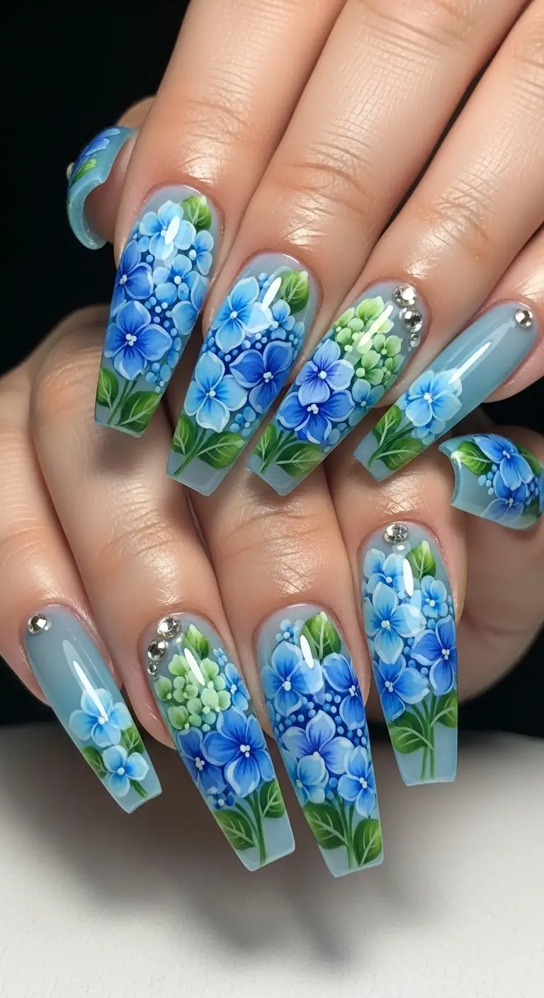 Blue Hydrangea Blooming Gel Coffin Nails