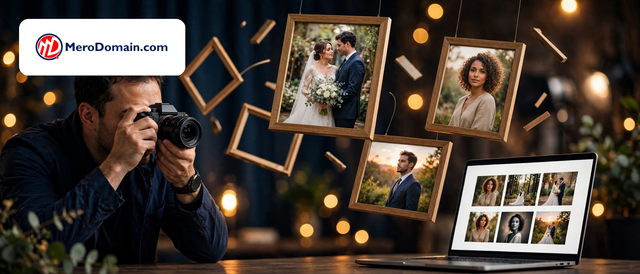 Photographer reviewing a portfolio gallery website on a laptop, surrounded by framed wedding and portrait photography prints