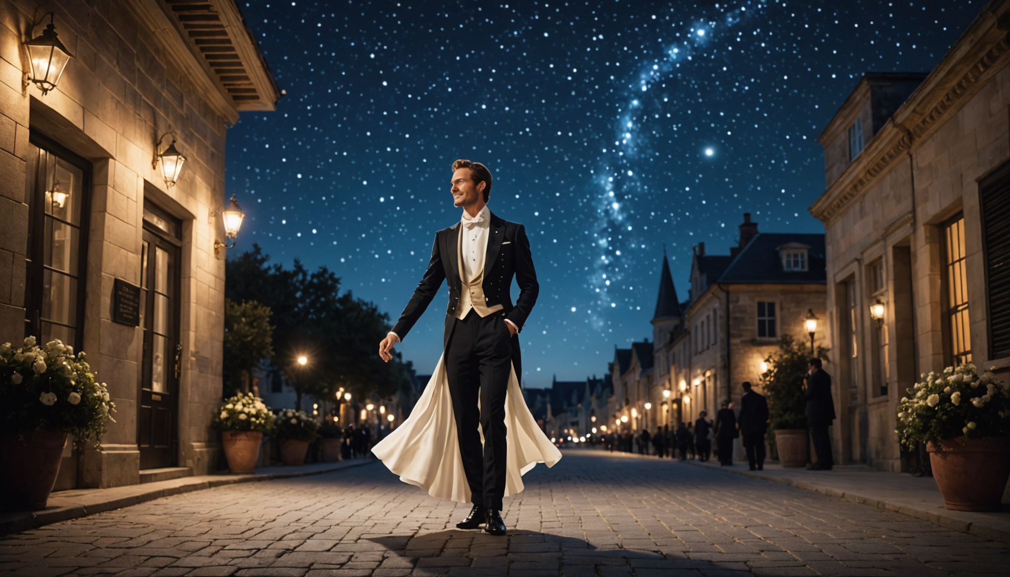 Charismatic performer on  starlit path