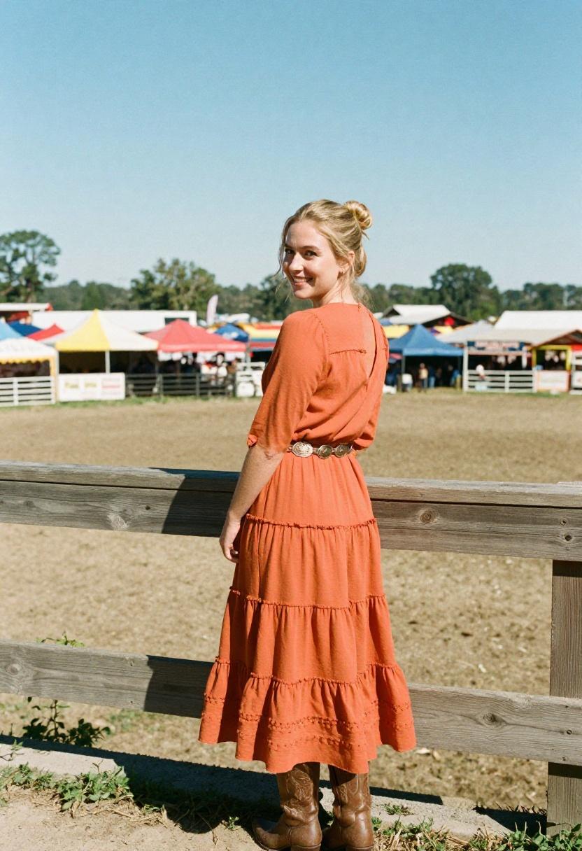 Burnt orange prairie dress with concho belt for elevated country western event look