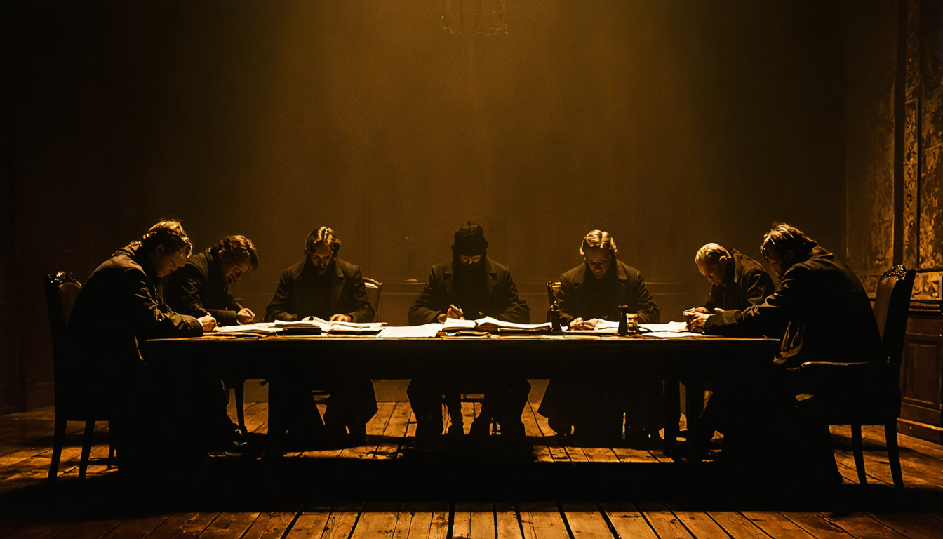 A dim room where several figures in period dress lean over a long table lit by a single lamp, faces obscured, papers scattered.