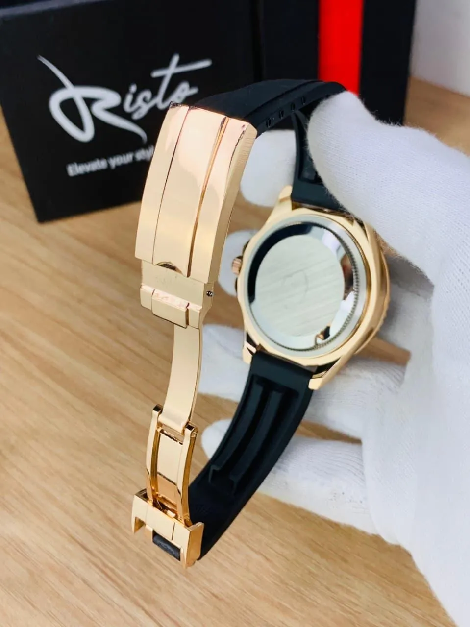 Men's Gold Black Chronograph Watch with Rubber Strap - Image 3