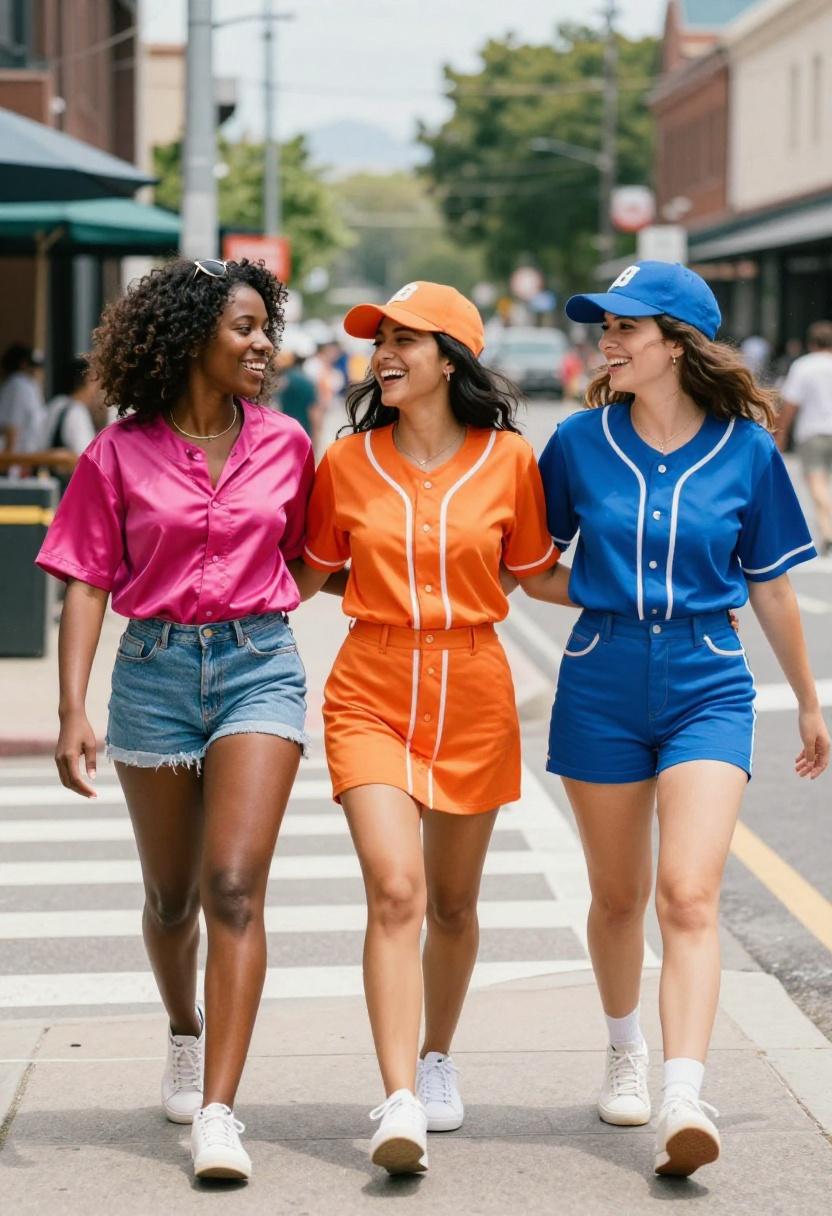 Three friends in vibrant bold-color game-day outfits walking into the spring stadium together with infectious energy
