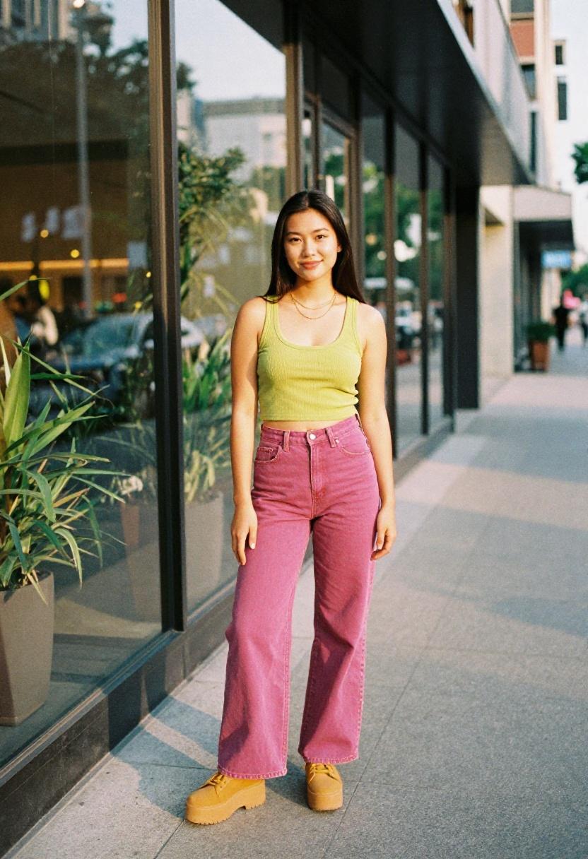 Mustard yellow platform sneakers with fuchsia wide-leg jeans on a city sidewalk at golden hour