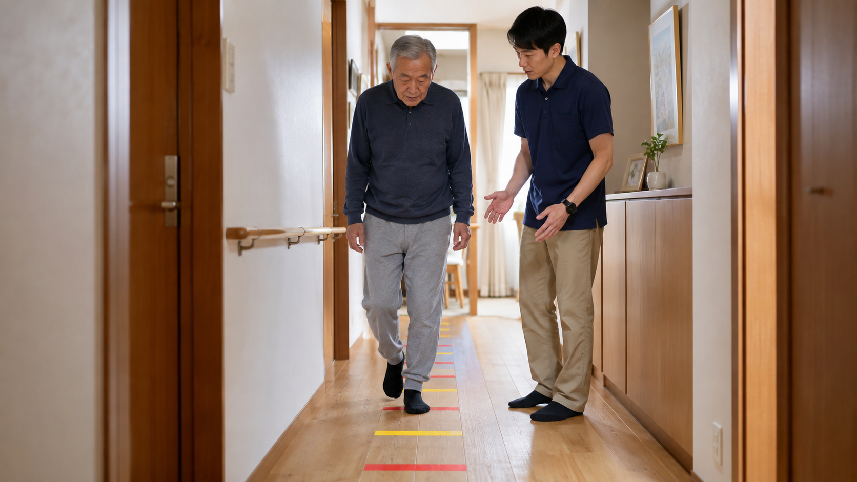 自宅の廊下で外的キューを使った歩行練習を行う様子