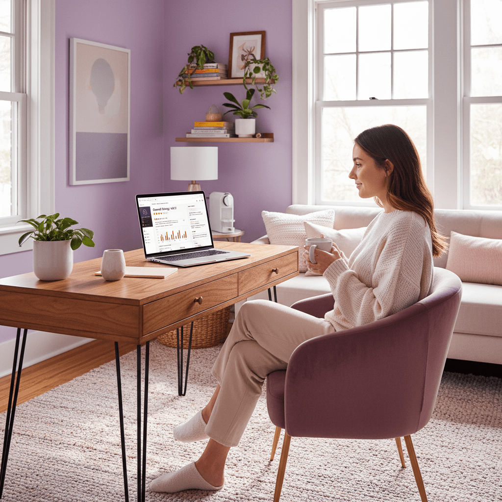 Airbnb host reviewing guest ratings on a laptop in a warm hospitality setting