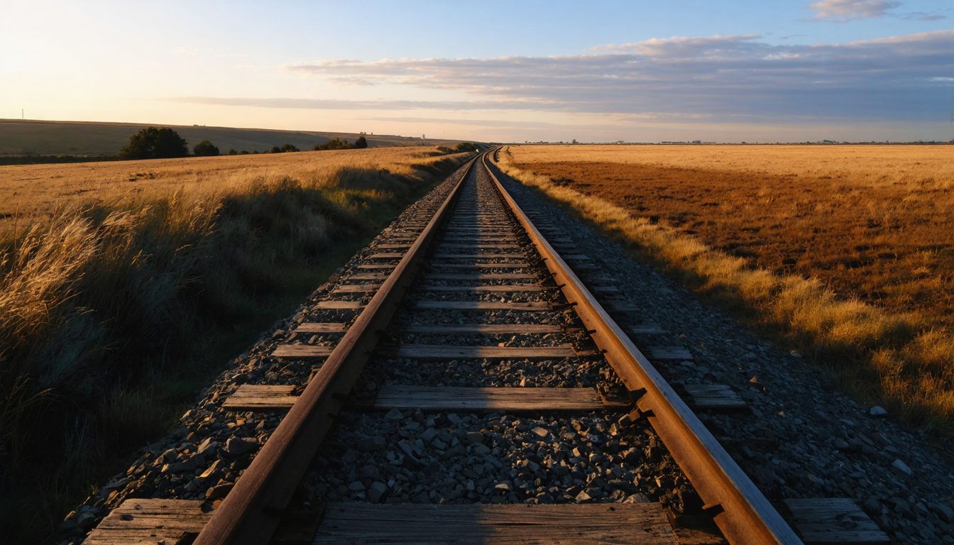 A single railway line stretching across an empty plain at dusk, vanishing toward a low horizon under a heavy sky.