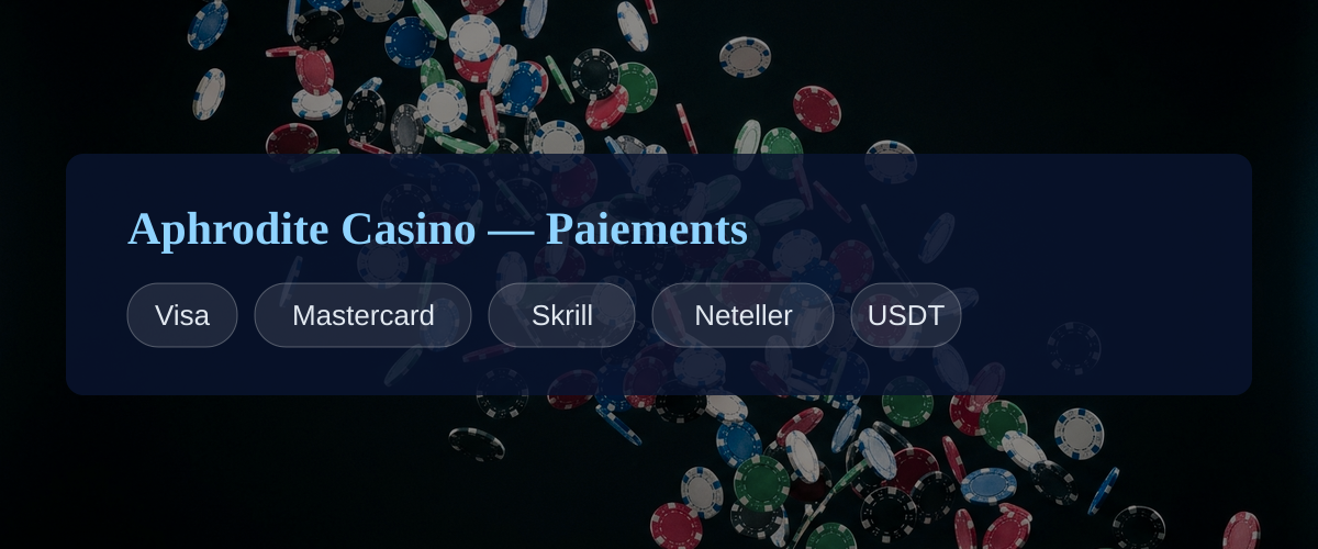 Aphrodite Casino — Paiements: Visa, Mastercard, Skrill, Neteller, USDT