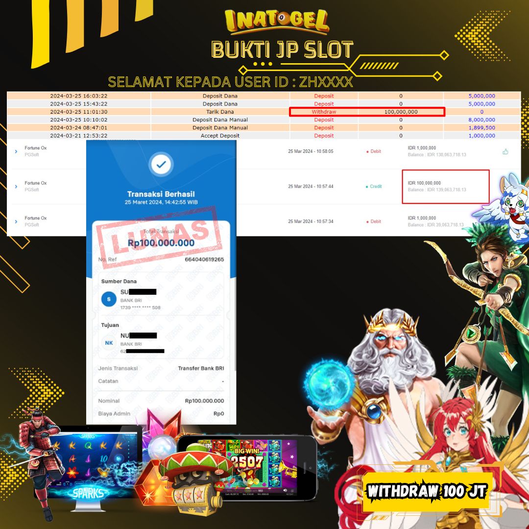 BUKTI PEMBAYARAN JP SLOT FORTUNE OX (PG-SOFT) Rp100,000,000,- LUNAS