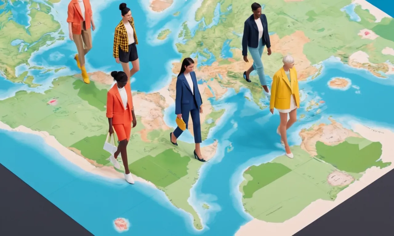 Modelos de moda de diversos fondos caminando juntos en una pasarela frente a un mapa mundial.