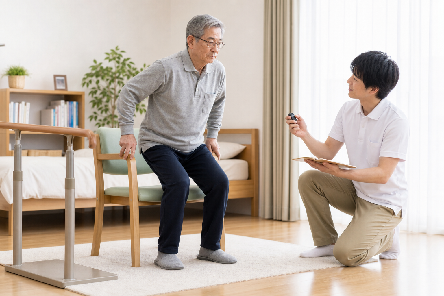 脳卒中後の在宅リハビリで立ち上がりの反復回数を記録する様子