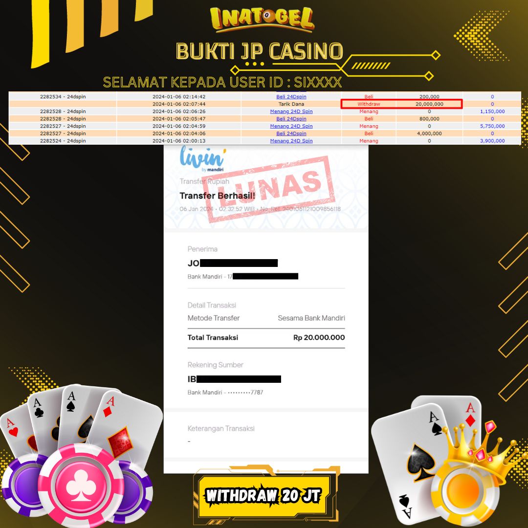 BUKTI PEMBAYARAN JP LIVE GAMES 24D SPIN Rp20,000,000,- LUNAS