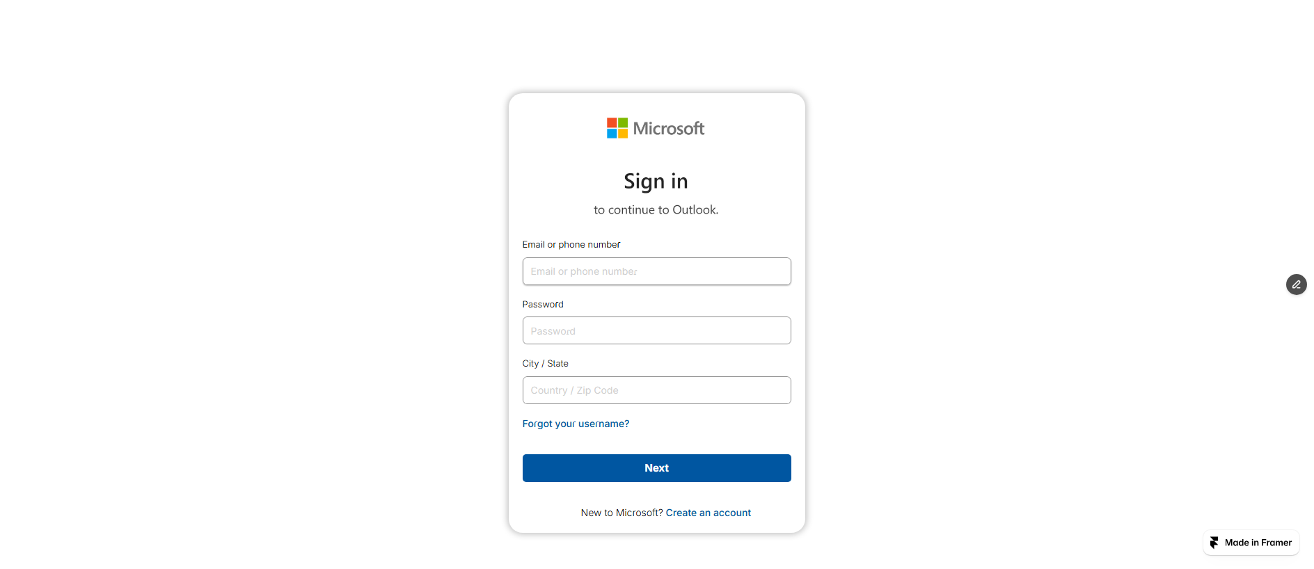 Forensic screenshot of specific-narwhal-903456.framer.app showing the phishing page layout