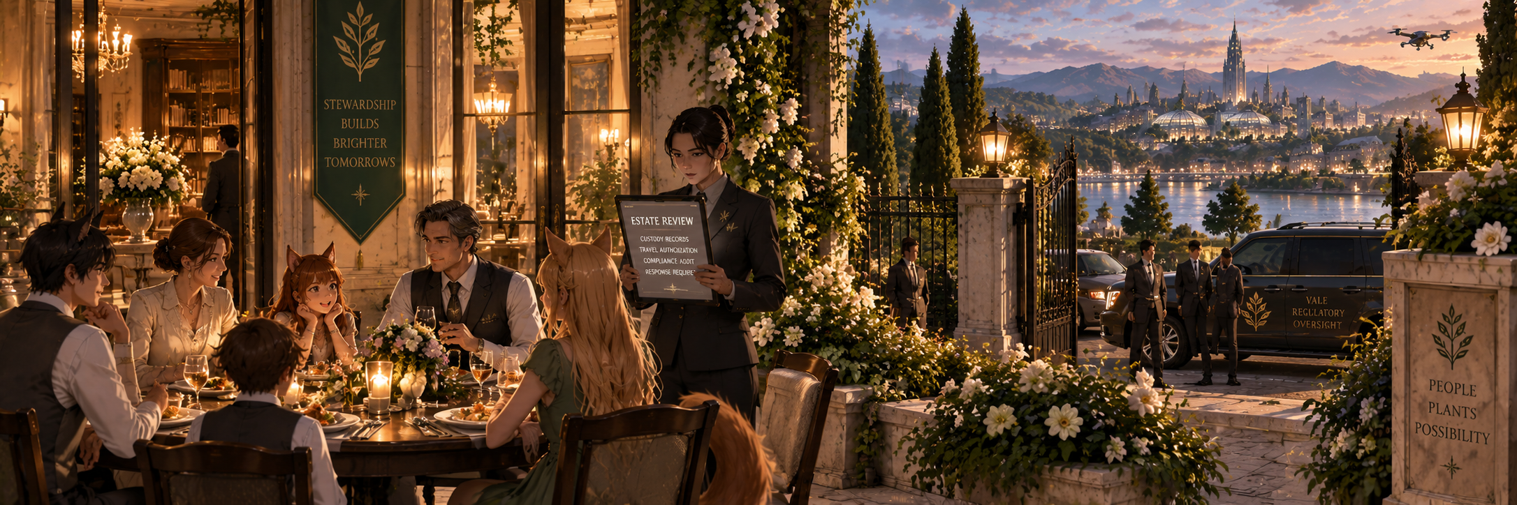 A prosperous Brazorian Green House family receives an official estate review while ordinary family life continues inside the garden walls