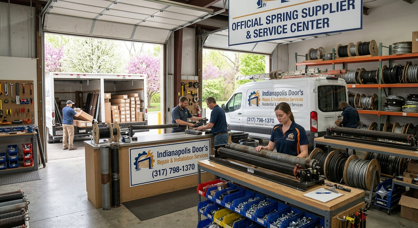 Indianapolis Doors Repair and Installation Services technicians working on a garage door spring system